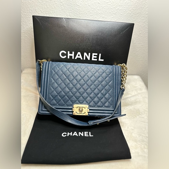 Authentic Chanel Blue Leather Medium LeBoy Bag Classic Flap - Picture 1 of 15